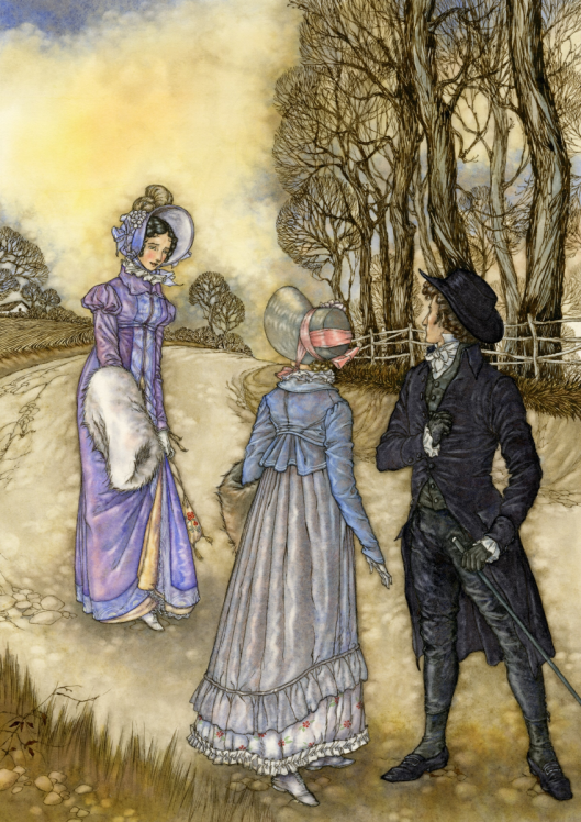 'Part of my lace is gone... and I do not know how I am to contrive' Emma Woodhouse, Harriet Smith and Mr Elton. Pen & ink and watercolour on 140lb/300gsm Arches hot pressed, 287 x 202mm. 